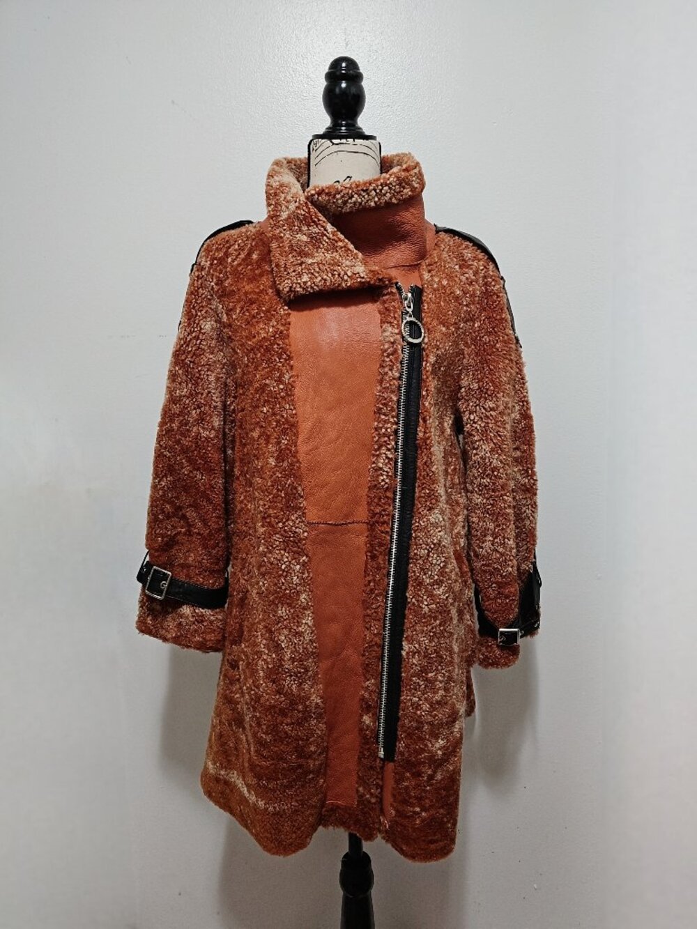 NewReal Sheepskin Shearling Lamb Fur Napa Leather Coat Jacket Brown Camel Biker